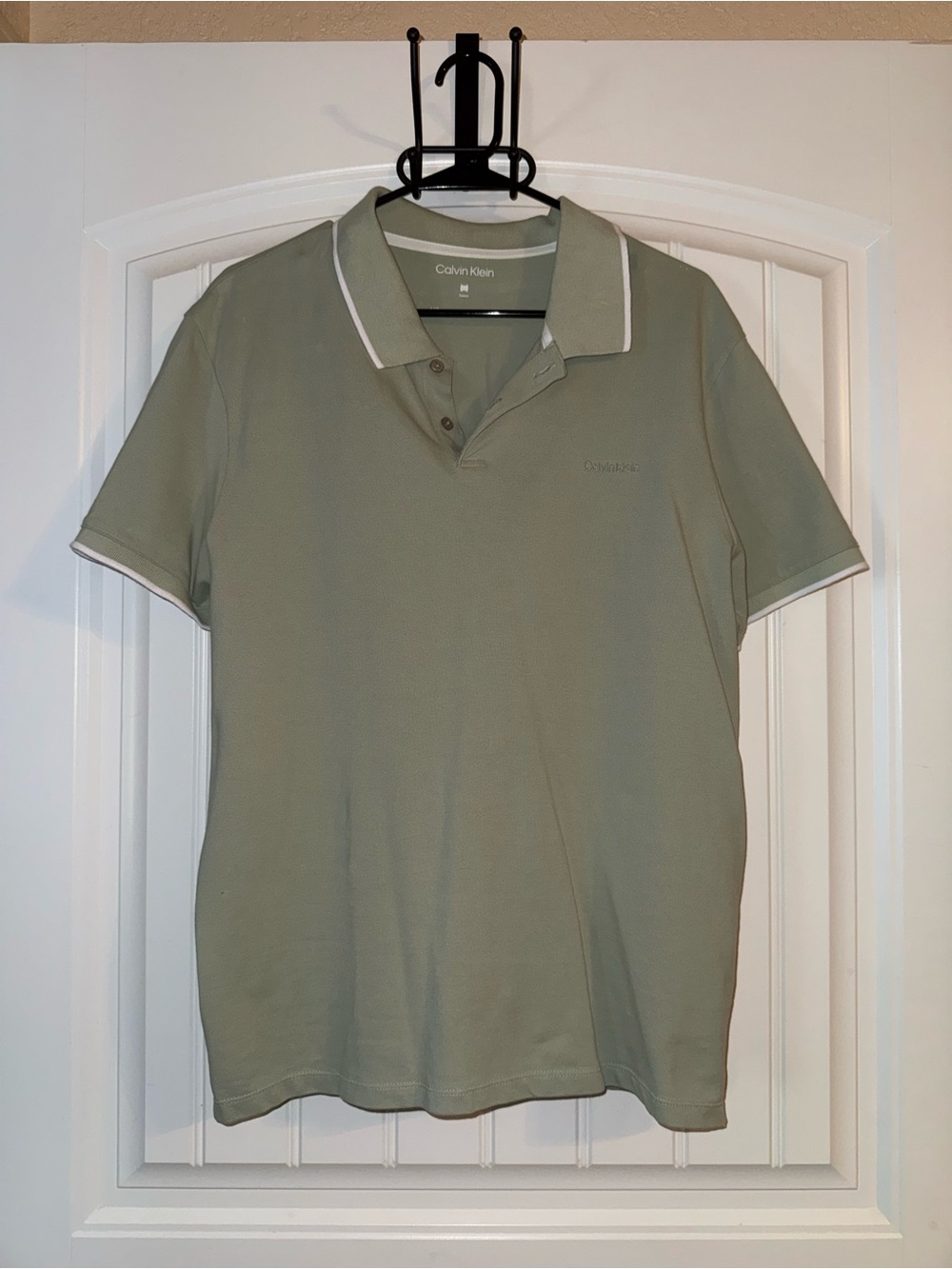 Calvin Klein Men's Light Sage Green Polo with White Tipping